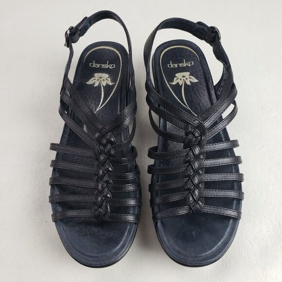 Dansko Dana Strappy Wedge Sandal Women 7.5-8 38 Black Leather Slingback Open Toe - Picture 2 of 10